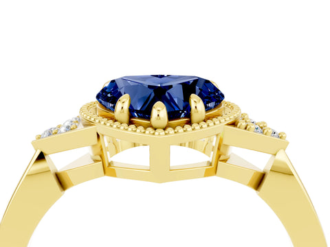 Yellow gold Heart Cut Blue Sapphire Halo Ring with Tapered Band and Four-Prong Setting_4