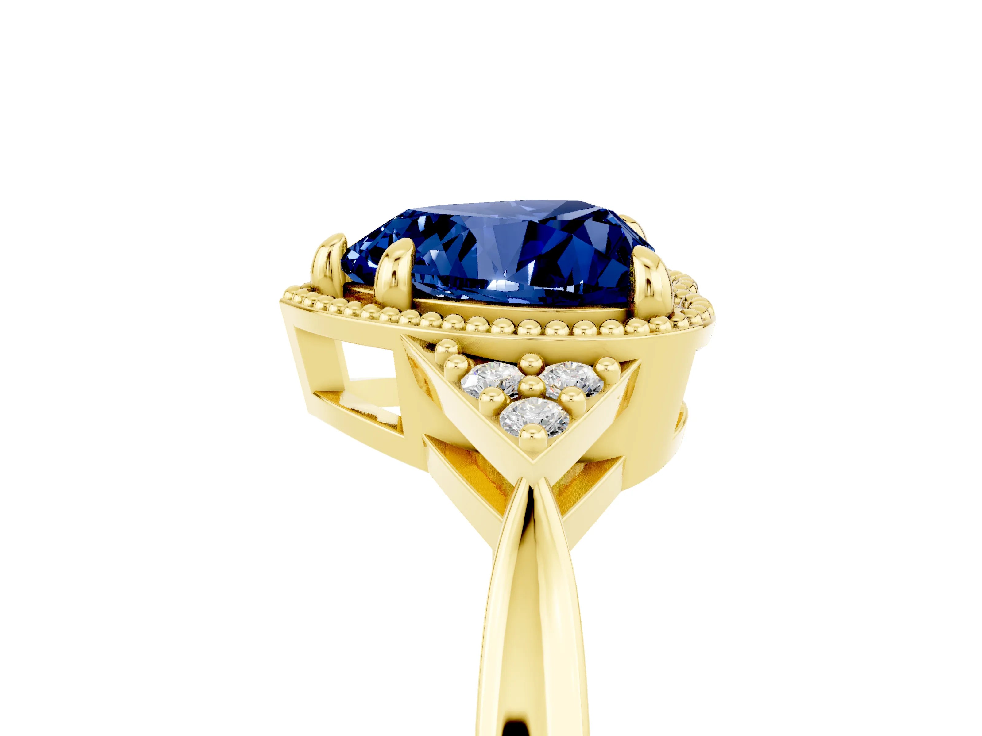 Yellow gold Heart Cut Blue Sapphire Halo Ring with Tapered Band and Four-Prong Setting_5
