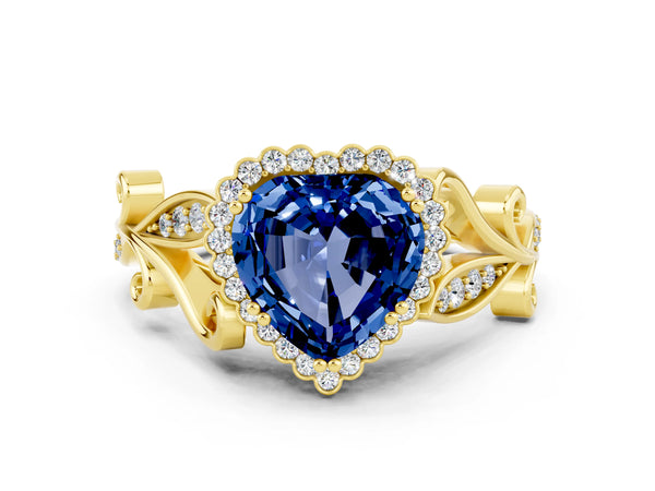 Yellow gold Heart Cut Blue Sapphire Halo Ring with Vintage Split Shank and Four-Prong Setting
