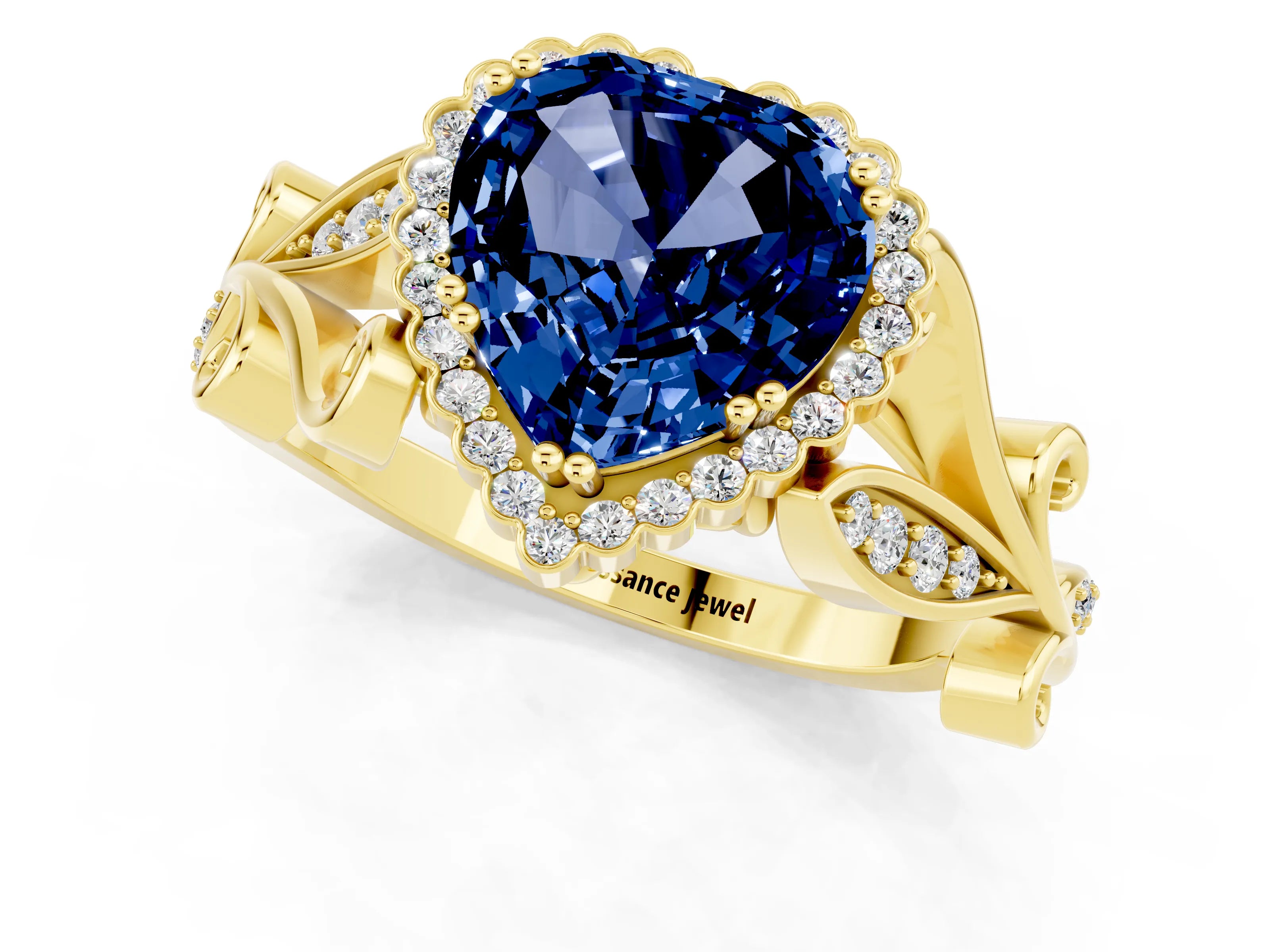 Yellow gold Heart Cut Blue Sapphire Halo Ring with Vintage Split Shank and Four-Prong Setting_1