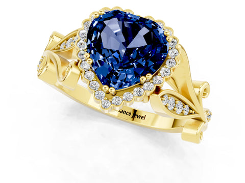 Yellow gold Heart Cut Blue Sapphire Halo Ring with Vintage Split Shank and Four-Prong Setting_1
