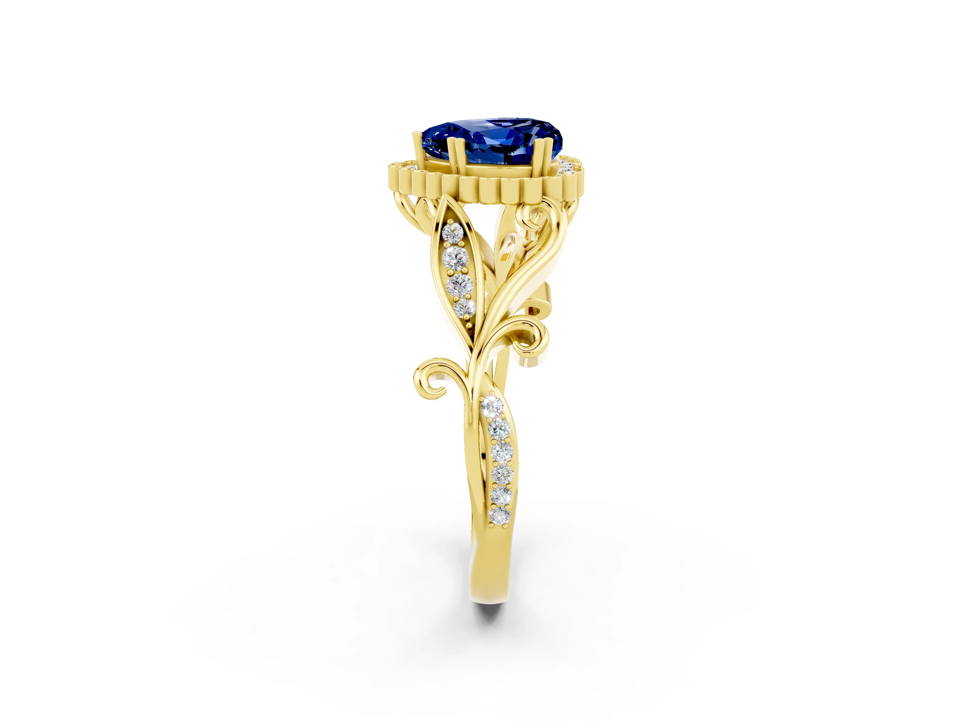 Yellow gold Heart Cut Blue Sapphire Halo Ring with Vintage Split Shank and Four-Prong Setting_2