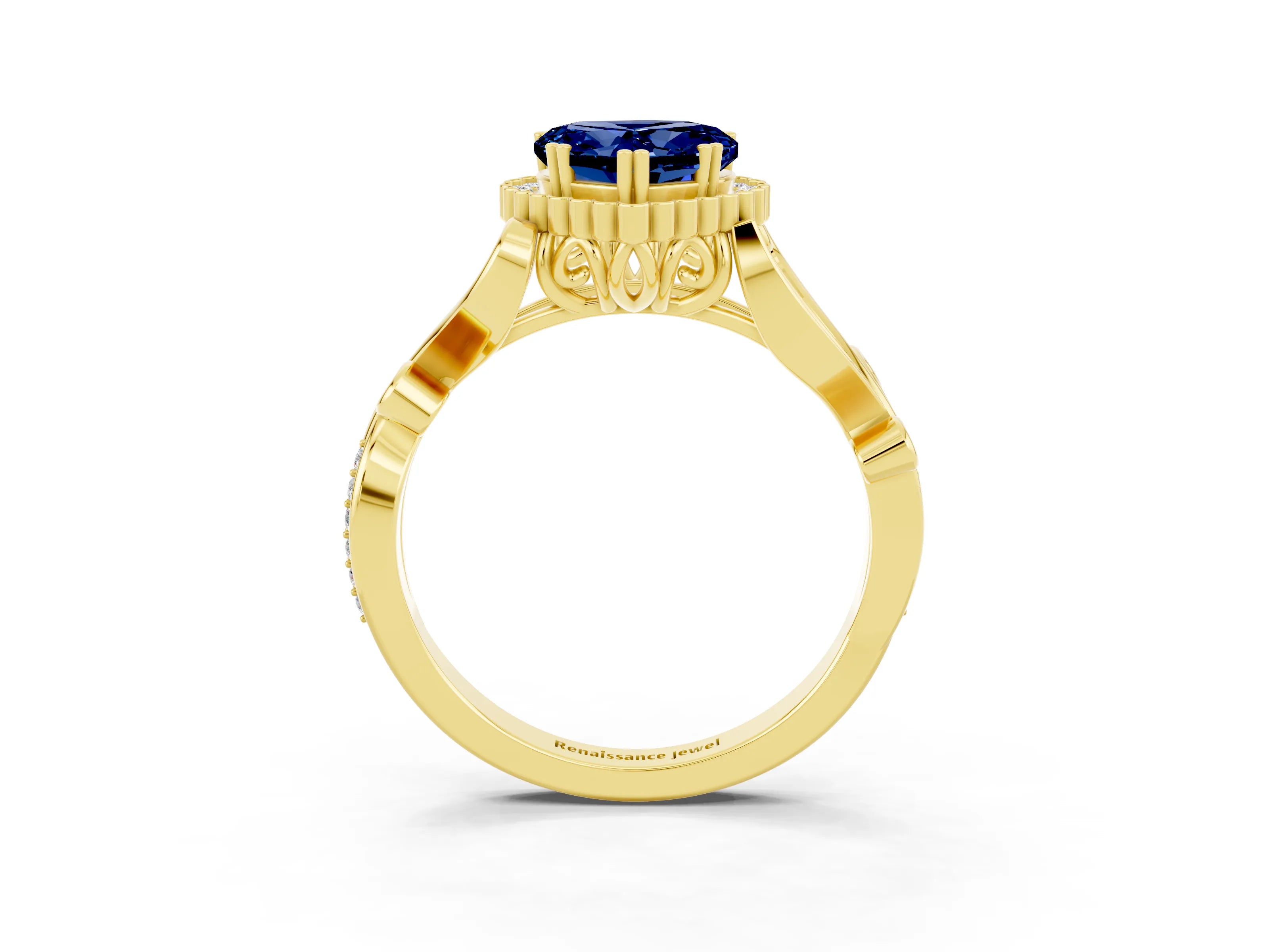 Yellow gold Heart Cut Blue Sapphire Halo Ring with Vintage Split Shank and Four-Prong Setting_3