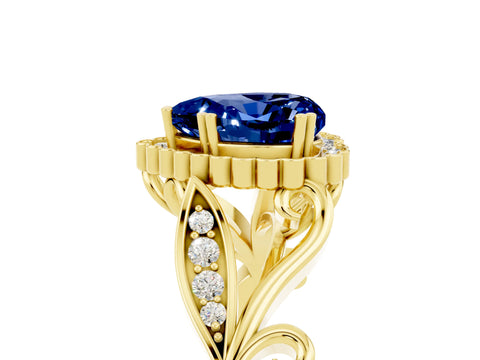 Yellow gold Heart Cut Blue Sapphire Halo Ring with Vintage Split Shank and Four-Prong Setting_5
