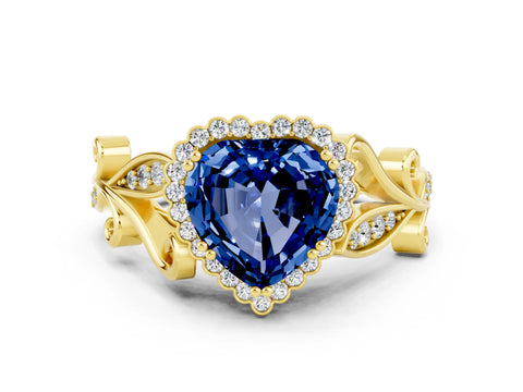 Yellow gold Heart Cut Blue Sapphire Halo Ring with Vintage Split Shank and Four-Prong Setting