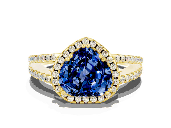 Yellow gold Heart Cut Blue Sapphire Halo Split Shank Engagement Ring