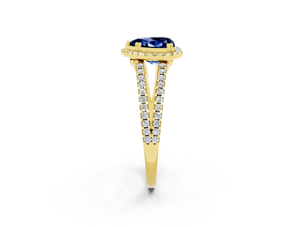 Yellow gold Heart Cut Blue Sapphire Halo Split Shank Engagement Ring