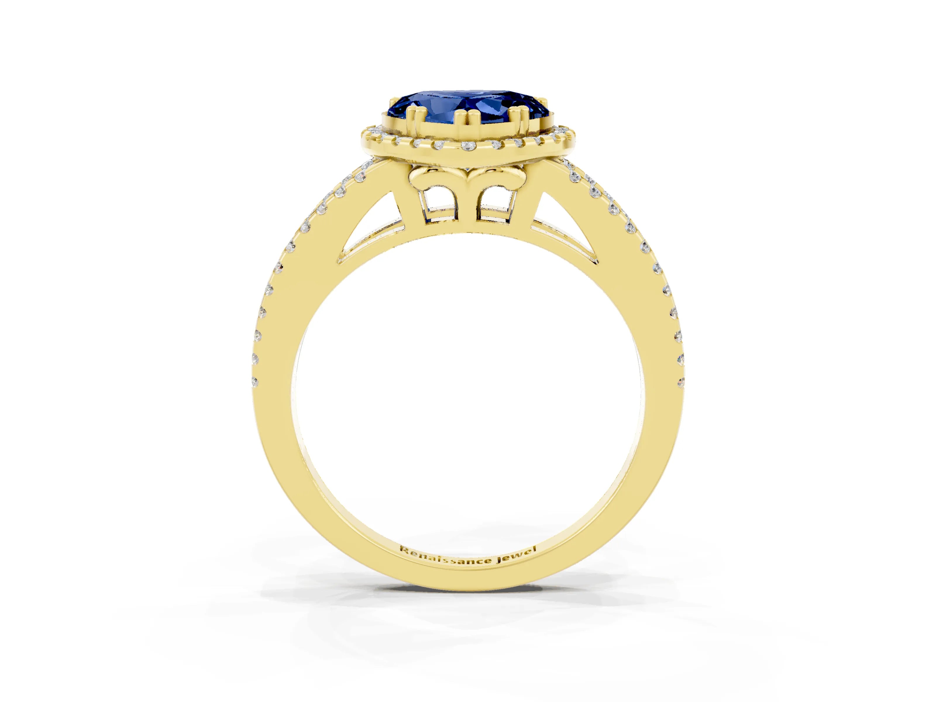 Yellow gold Heart Cut Blue Sapphire Halo Split Shank Engagement Ring_15