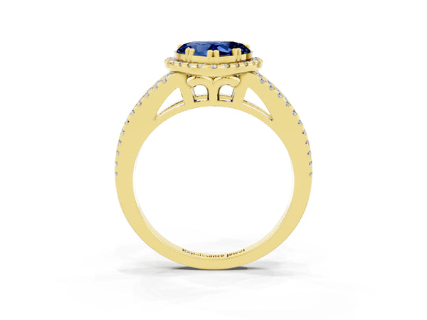 Yellow gold Heart Cut Blue Sapphire Halo Split Shank Engagement Ring