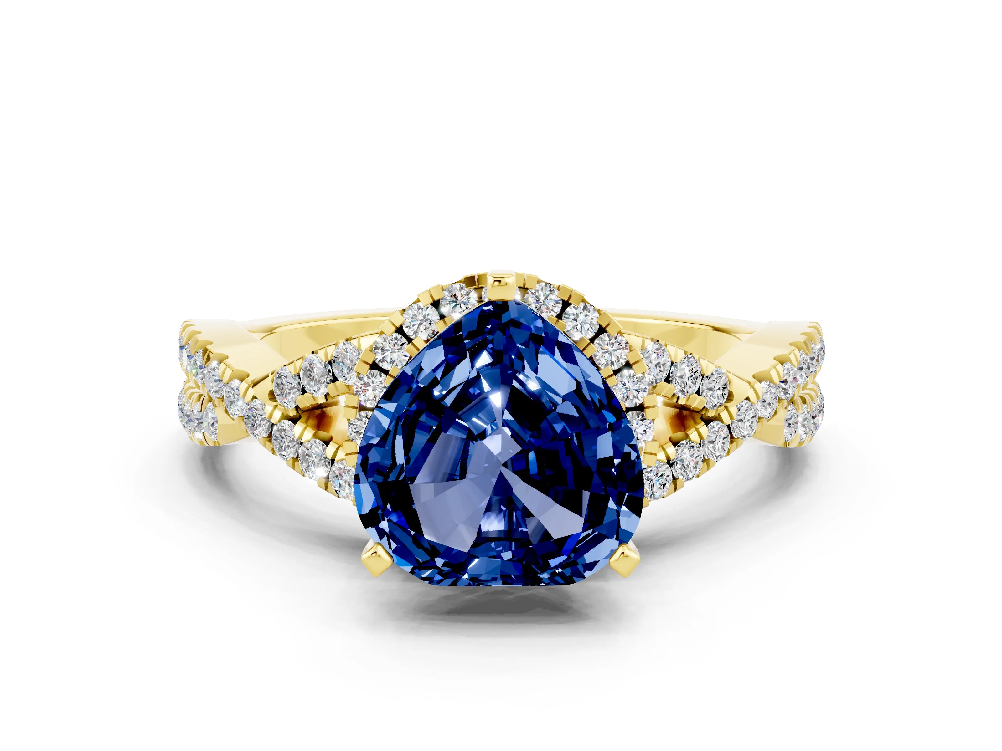 Yellow gold Heart Cut Blue Sapphire Halo Twist Band Solitaire Prong Setting Ring