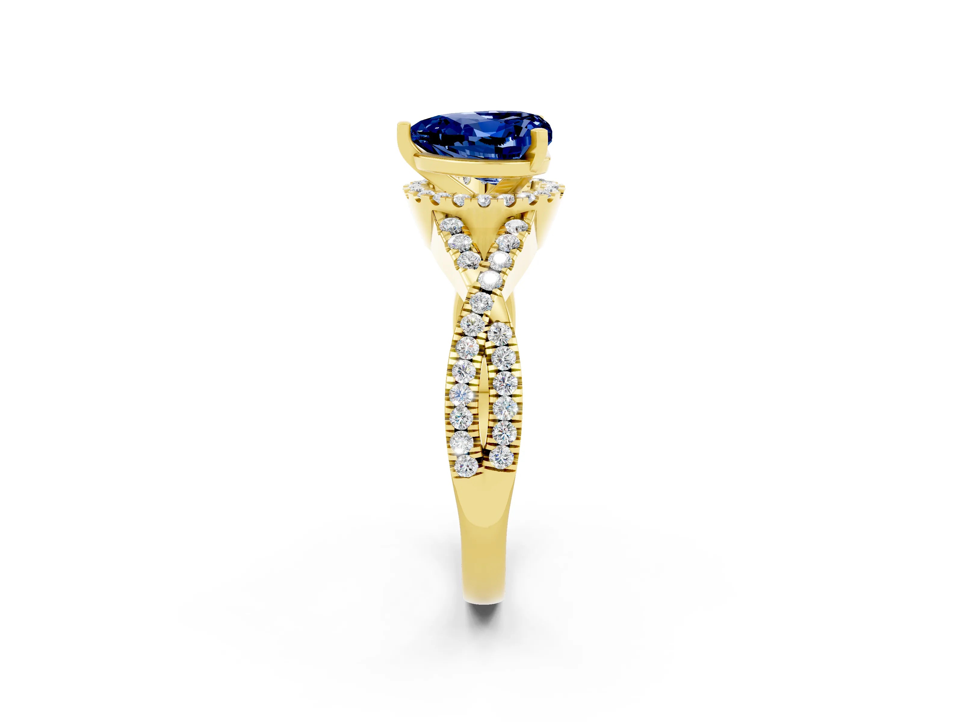 Yellow gold Heart Cut Blue Sapphire Halo Twist Band Solitaire Prong Setting Ring_2