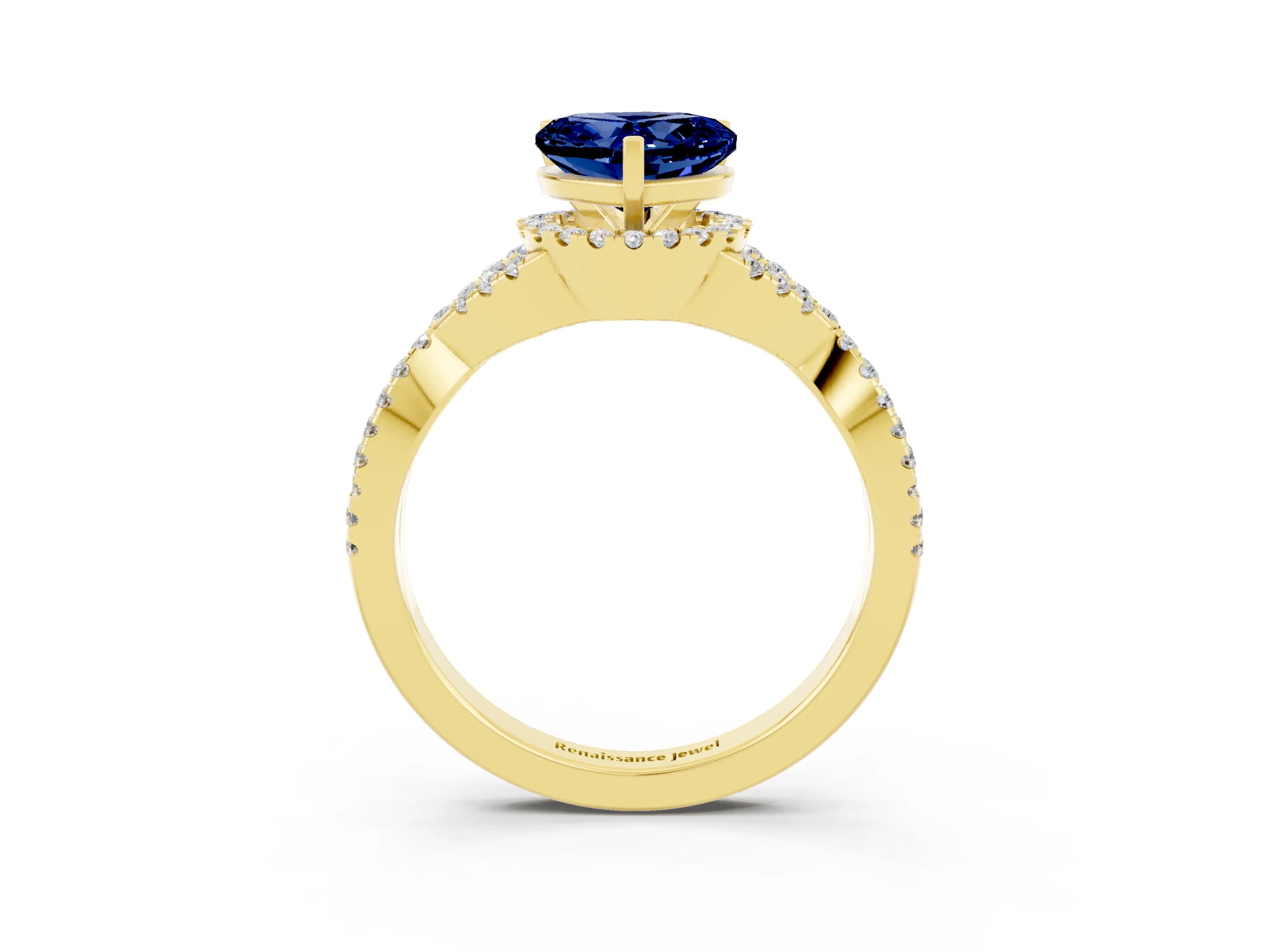 Yellow gold Heart Cut Blue Sapphire Halo Twist Band Solitaire Prong Setting Ring_3