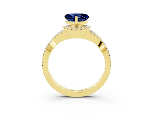 Yellow gold Heart Cut Blue Sapphire  Halo Twist Band Solitaire Prong Setting Ring