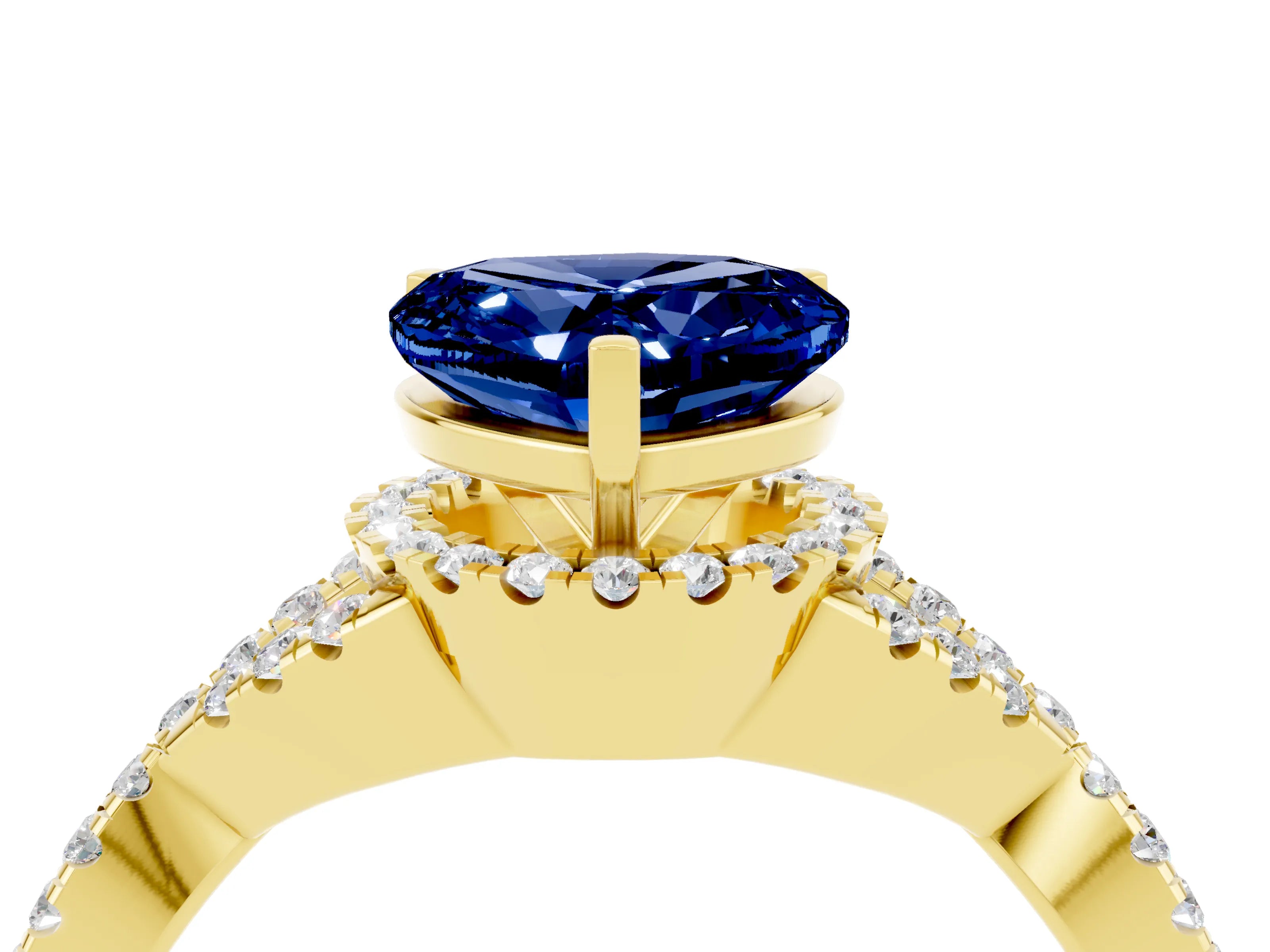 Yellow gold Heart Cut Blue Sapphire Halo Twist Band Solitaire Prong Setting Ring_4