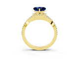 Yellow gold Heart Cut Blue Sapphire  Halo Twist Band Solitaire Prong Setting Ring_45