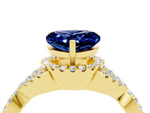 Yellow gold Heart Cut Blue Sapphire Halo Twist Band Solitaire Prong Setting Ring_4