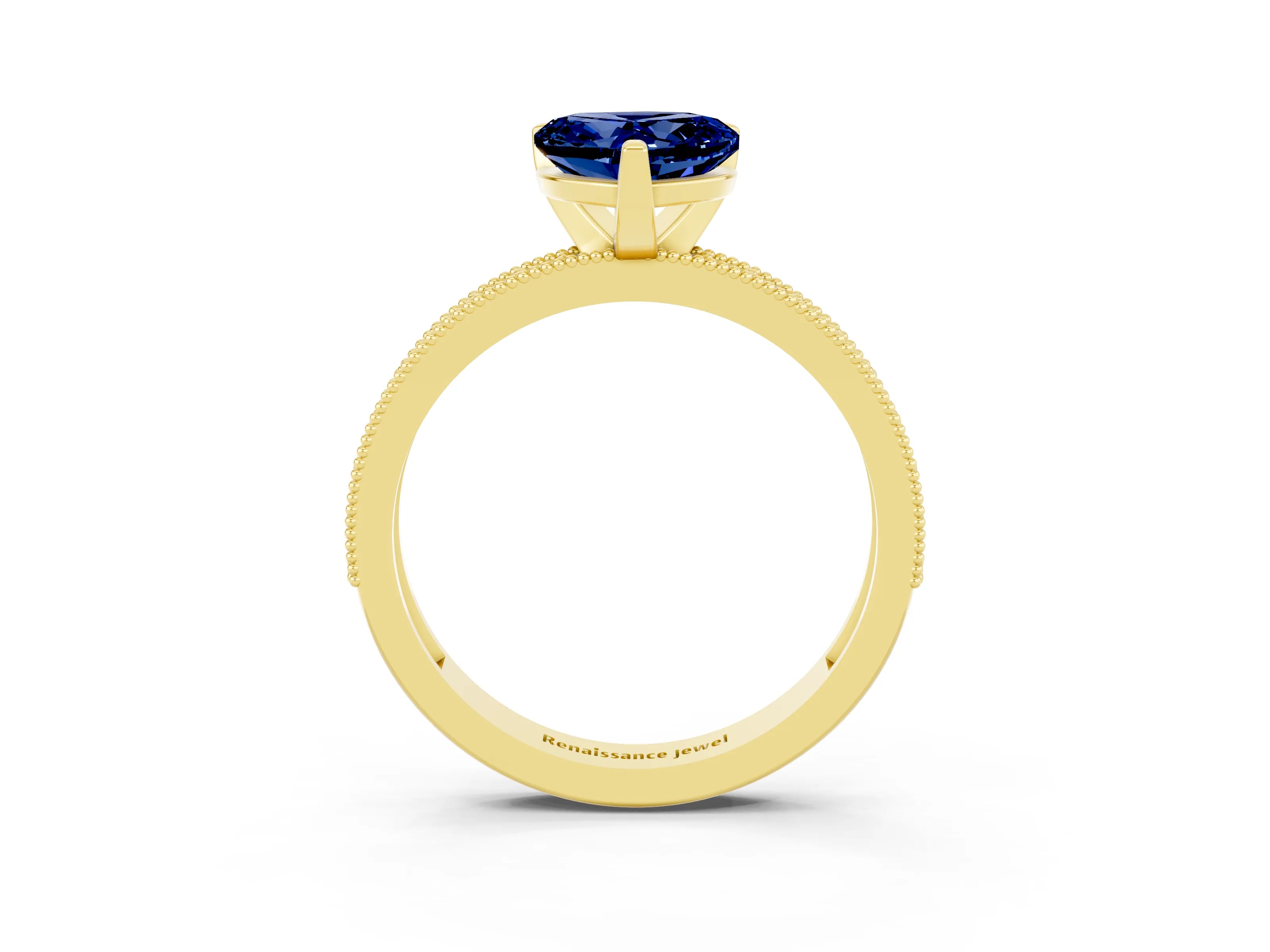 Yellow gold Heart Cut Blue Sapphire Milgrain Pavé Engagement Ring with Four-Prong Setting_15