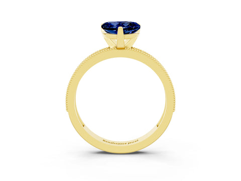 Yellow gold Heart Cut Blue Sapphire Milgrain Pavé Engagement Ring with Four-Prong Setting_15
