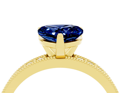 Yellow gold Heart Cut Blue Sapphire Milgrain Pavé Engagement Ring with Four-Prong Setting_16