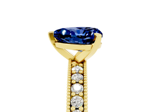 Yellow gold Heart Cut Blue Sapphire Milgrain Pavé Engagement Ring with Four-Prong Setting_17