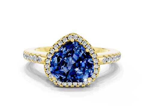 Yellow gold Heart Cut Blue Sapphire Pavé Halo Ring with Four-Prong Setting_12