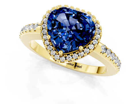 Yellow gold Heart Cut Blue Sapphire Pavé Halo Ring with Four-Prong Setting_13