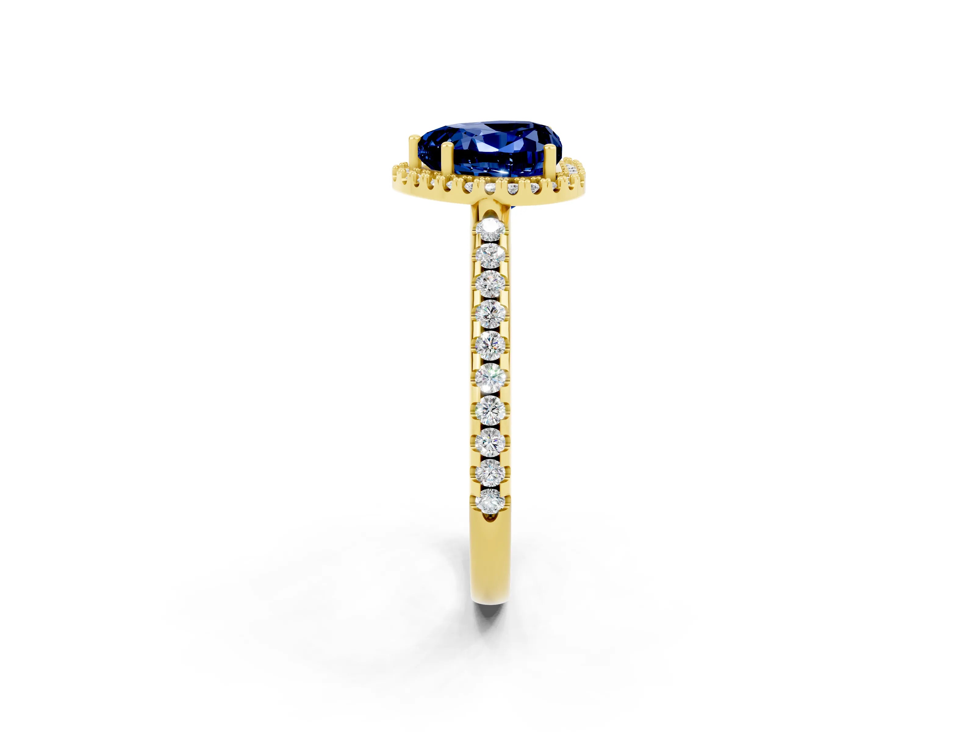 Yellow gold Heart Cut Blue Sapphire Pavé Halo Ring with Four-Prong Setting_14