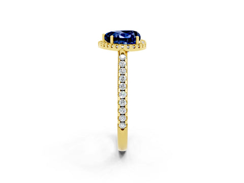 Yellow gold Heart Cut Blue Sapphire Pavé Halo Ring with Four-Prong Setting_14