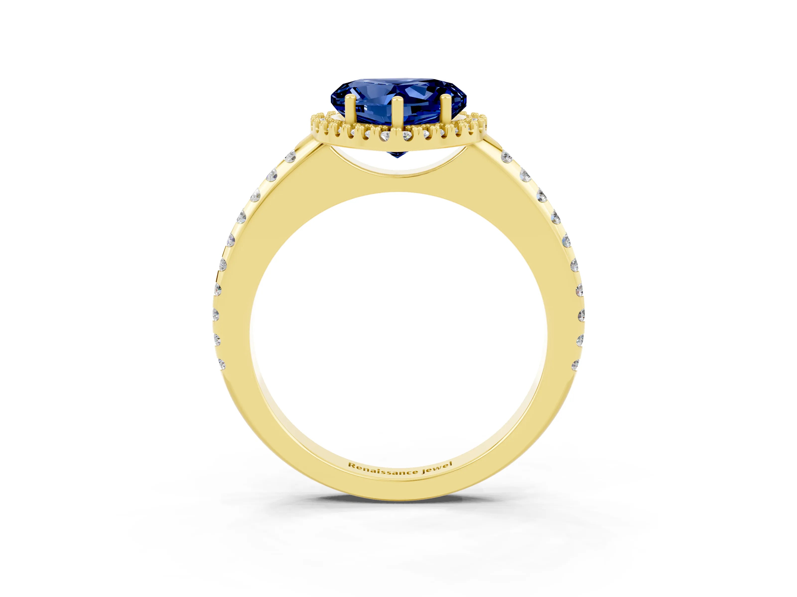 Yellow gold Heart Cut Blue Sapphire Pavé Halo Ring with Four-Prong Setting_15