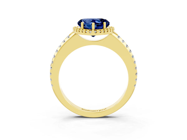 Yellow gold Heart Cut Blue Sapphire Pavé Halo Ring with Four-Prong Setting