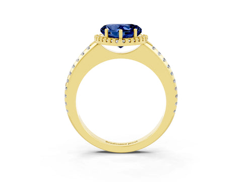 Yellow gold Heart Cut Blue Sapphire Pavé Halo Ring with Four-Prong Setting_15