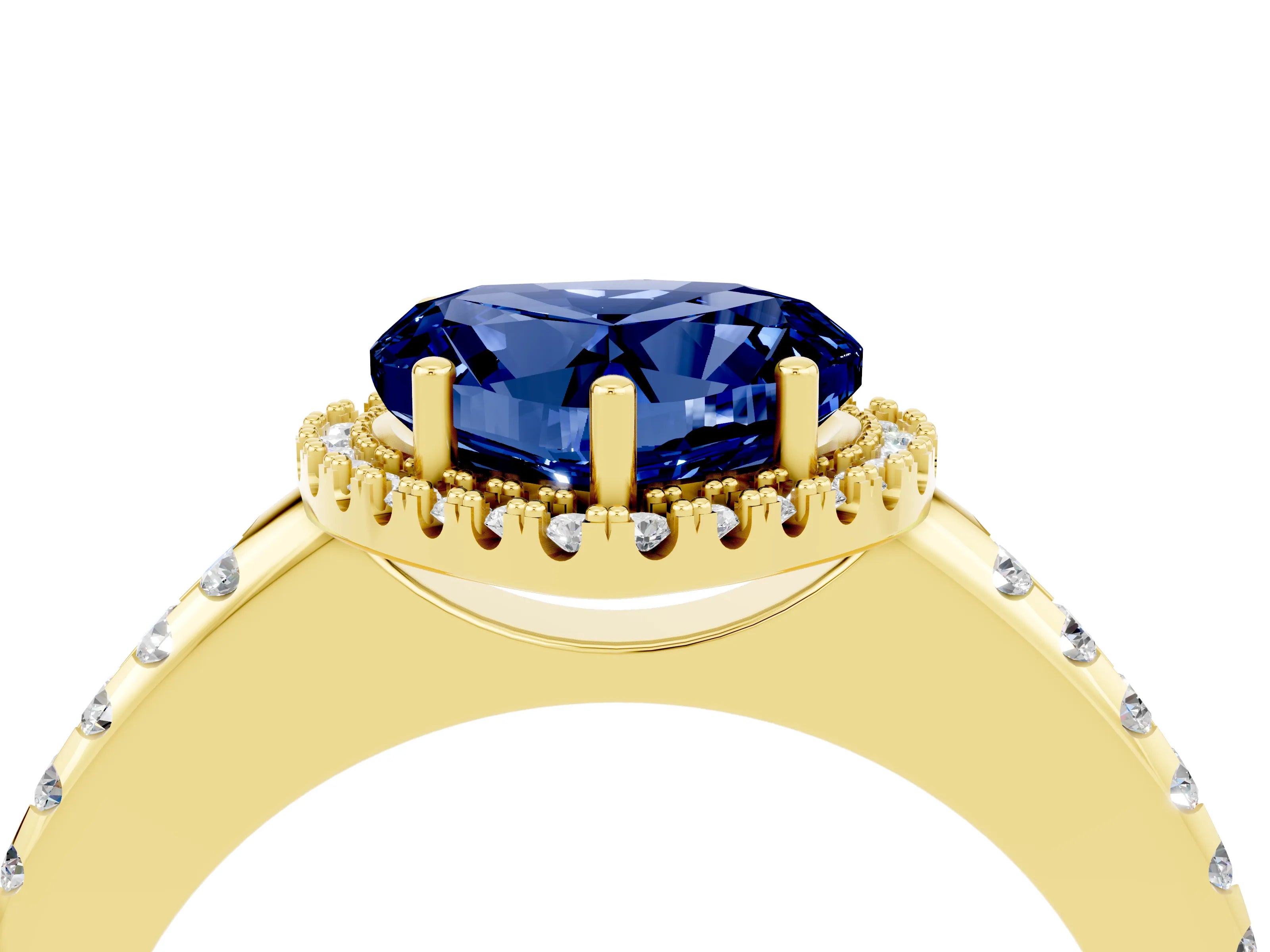 Yellow gold Heart Cut Blue Sapphire Pavé Halo Ring with Four-Prong Setting_16
