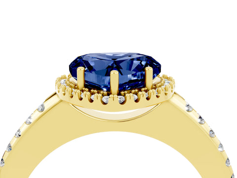 Yellow gold Heart Cut Blue Sapphire Pavé Halo Ring with Four-Prong Setting_16