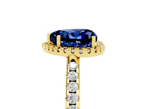 Yellow gold Heart Cut Blue Sapphire Pavé Halo Ring with Four-Prong Setting_17
