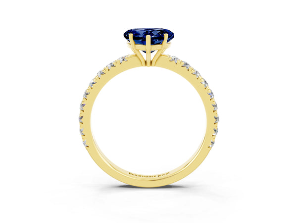 Yellow gold Heart Cut Blue Sapphire Pavé Solitaire Engagement Ring with Four-Prong Setting