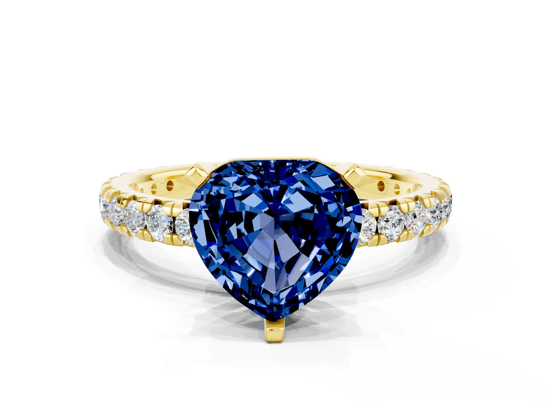 Yellow gold Heart Cut Blue Sapphire Pavé Solitaire Ring with Round Band and Prong Setting_24
