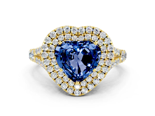 Yellow gold Heart Cut Blue Sapphire Pavé Split Shank Double Halo Engagement Ring