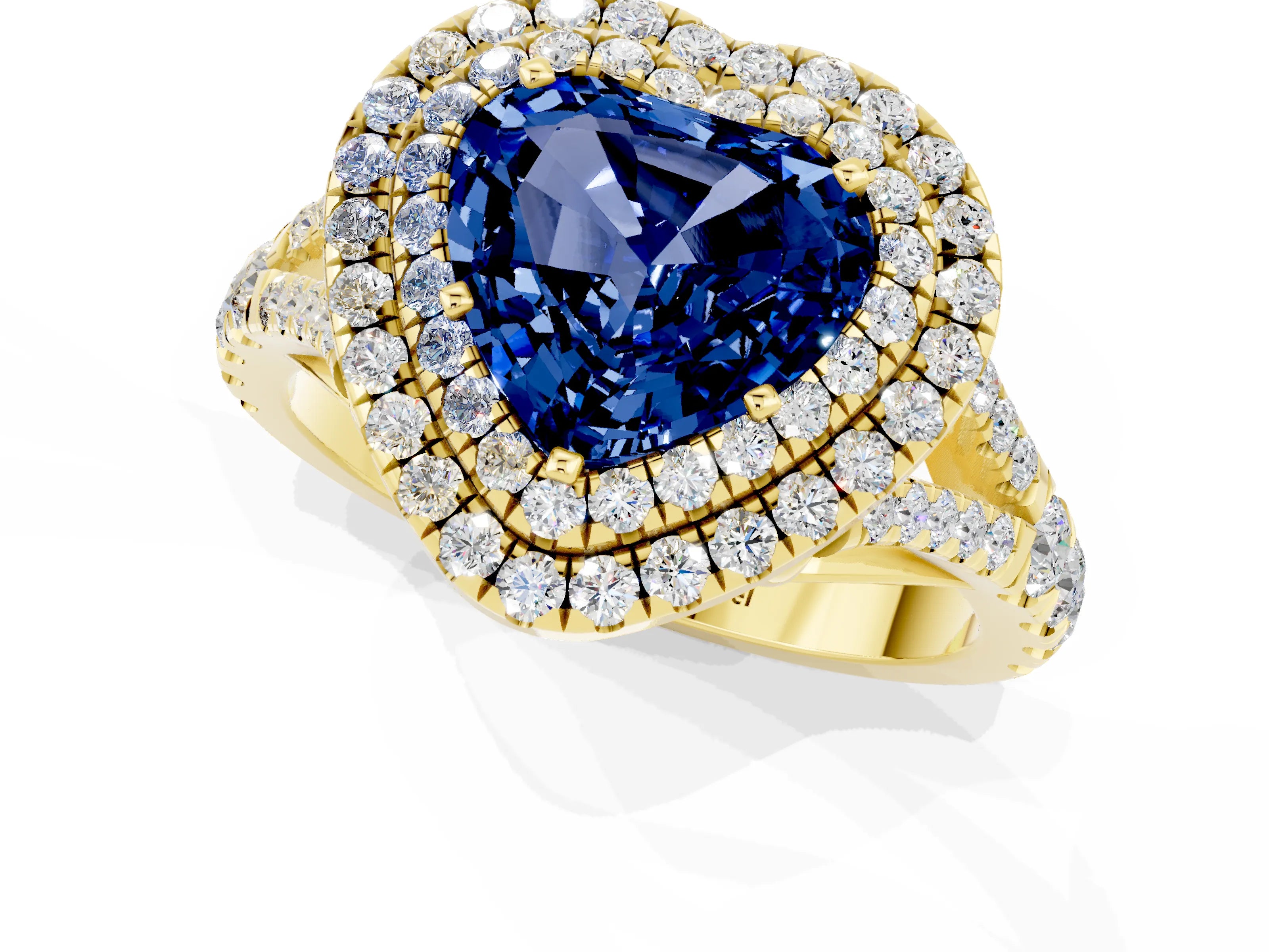 Yellow gold Heart Cut Blue Sapphire Pavé Split Shank Double Halo Engagement Ring_1