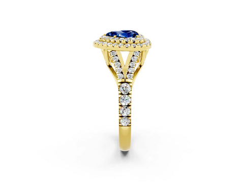 Yellow gold Heart Cut Blue Sapphire Pavé Split Shank Double Halo Engagement Ring_2