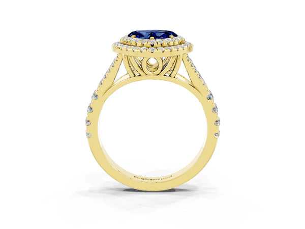 Yellow gold Heart Cut Blue Sapphire Pavé Split Shank Double Halo Engagement Ring