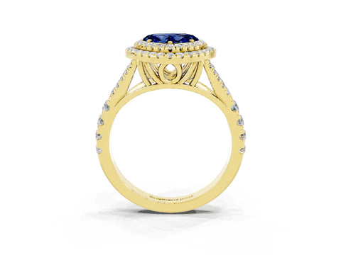 Yellow gold Heart Cut Blue Sapphire Pavé Split Shank Double Halo Engagement Ring_3