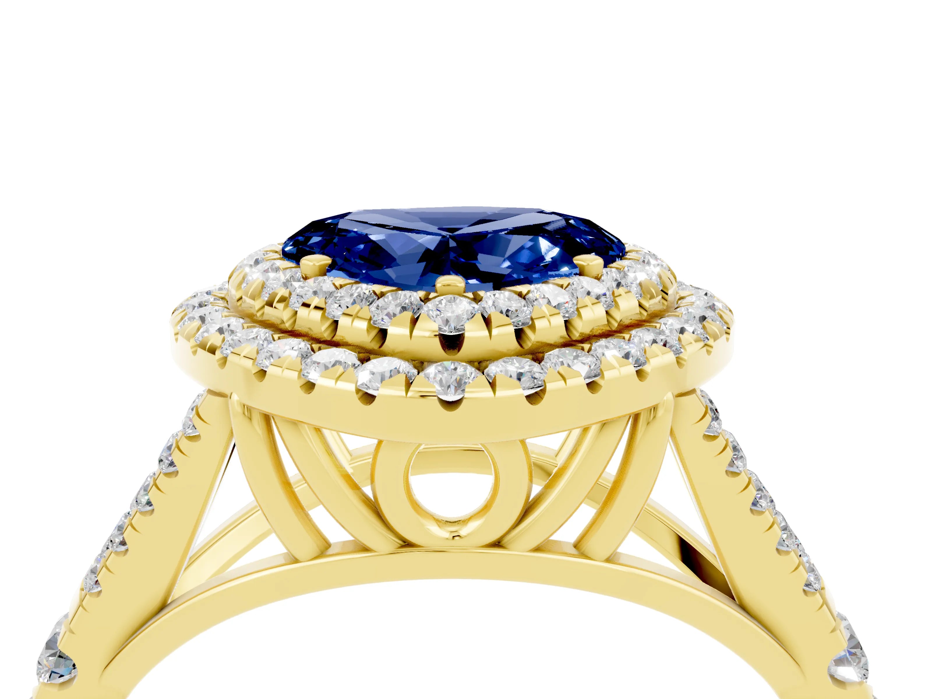 Yellow gold Heart Cut Blue Sapphire Pavé Split Shank Double Halo Engagement Ring_4