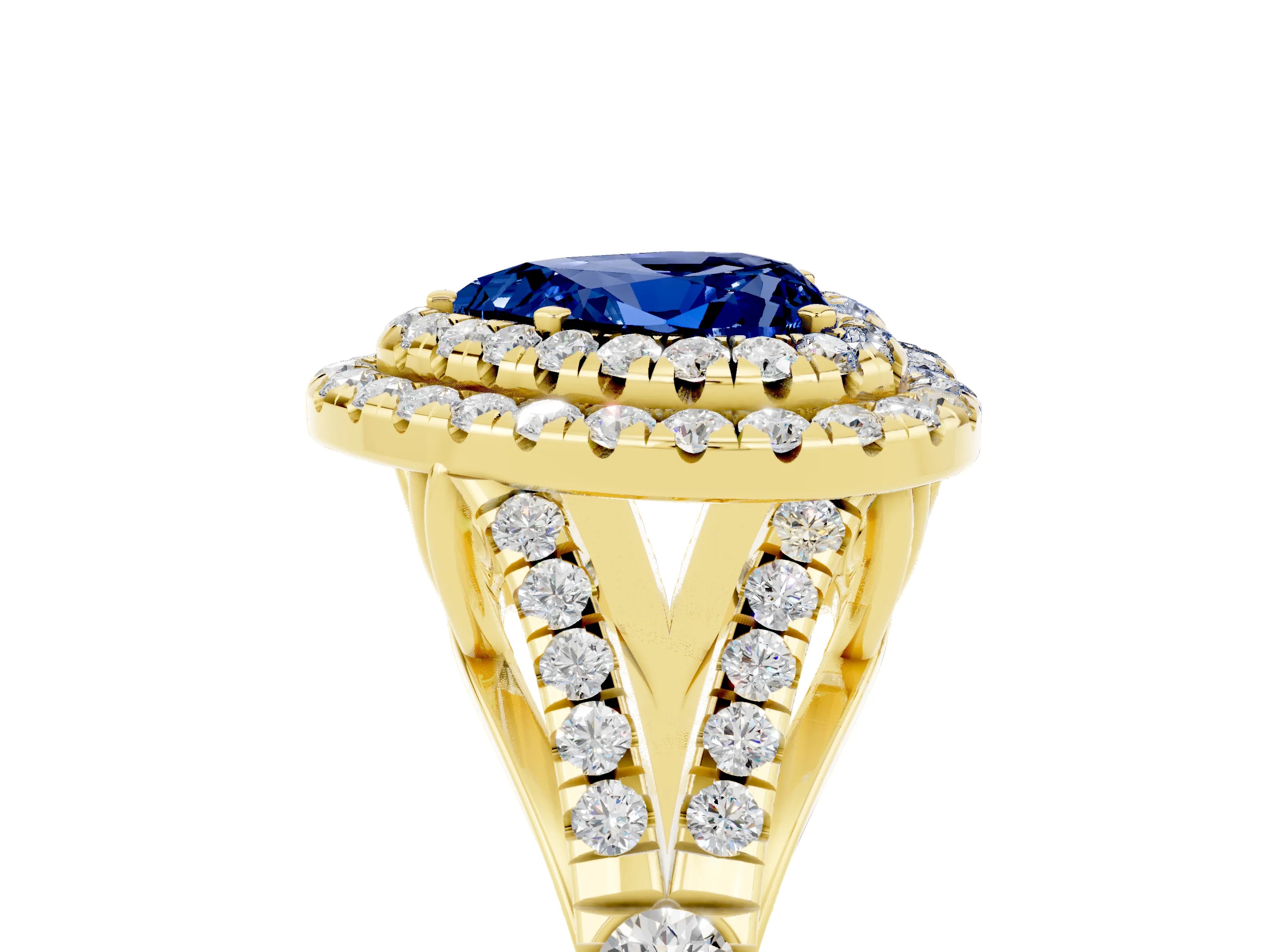 Yellow gold Heart Cut Blue Sapphire Pavé Split Shank Double Halo Engagement Ring_5