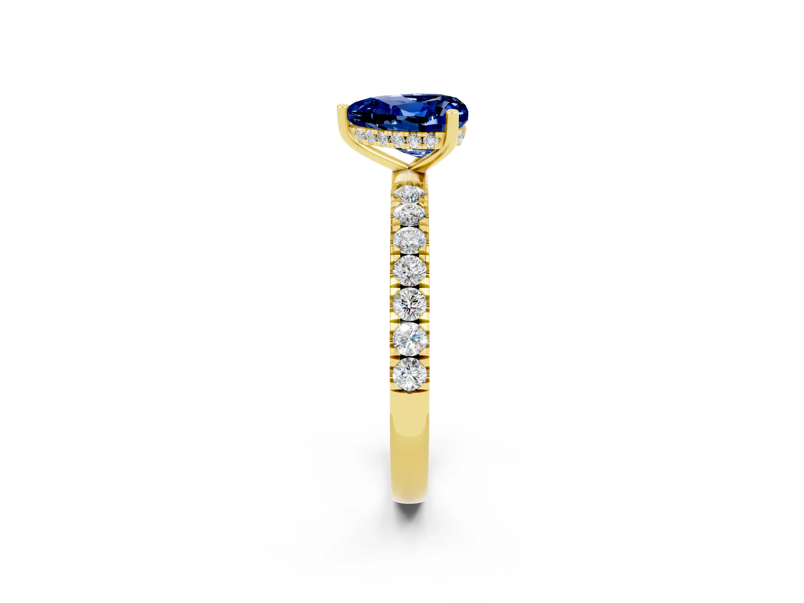 Yellow gold Heart Cut Blue Sapphire Pave Band Solitaire Ring with Four-Prong Setting_26