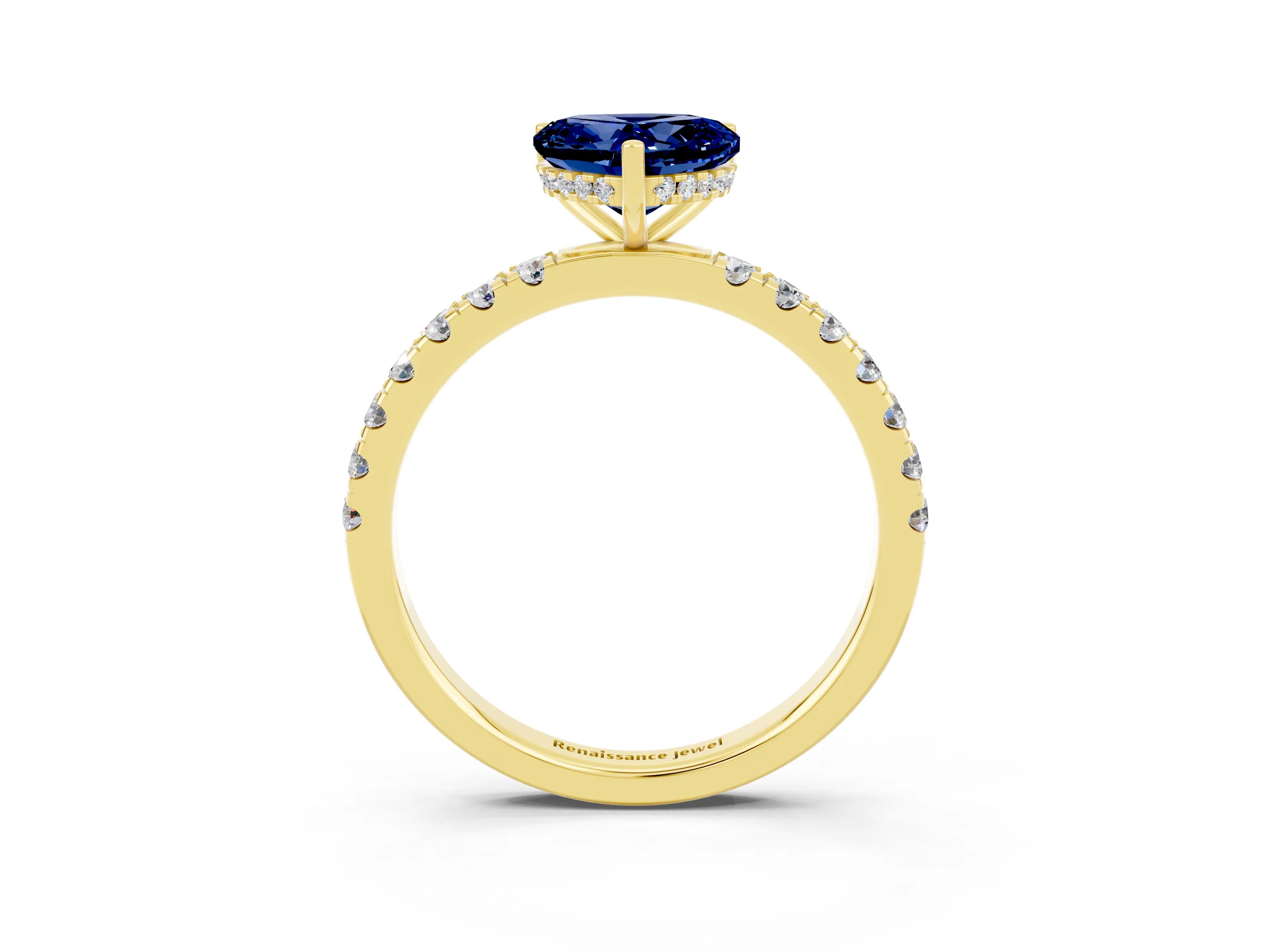 Yellow gold Heart Cut Blue Sapphire Pave Band Solitaire Ring with Four-Prong Setting_27