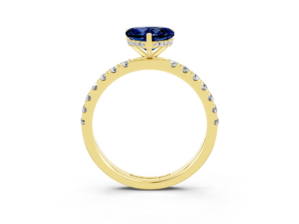 Yellow gold Heart Cut Blue Sapphire Pave Band Solitaire Ring with Round  and Prong Setting
