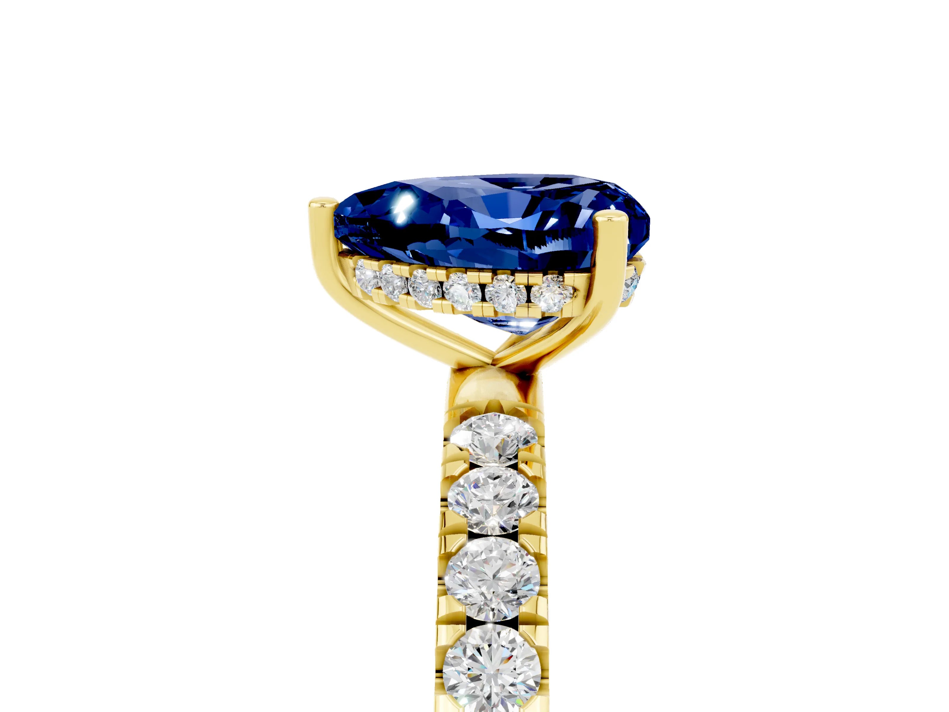 Yellow gold Heart Cut Blue Sapphire Pave Band Solitaire Ring with Four-Prong Setting_29