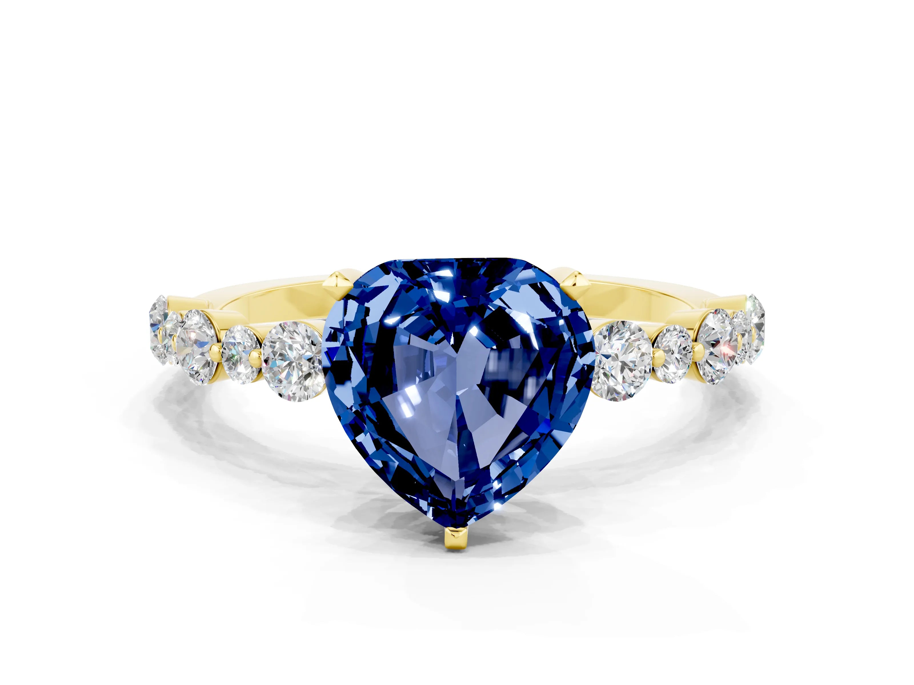 Yellow gold Heart Cut Blue Sapphire Prong Set Engagement Ring with Pavé Band
