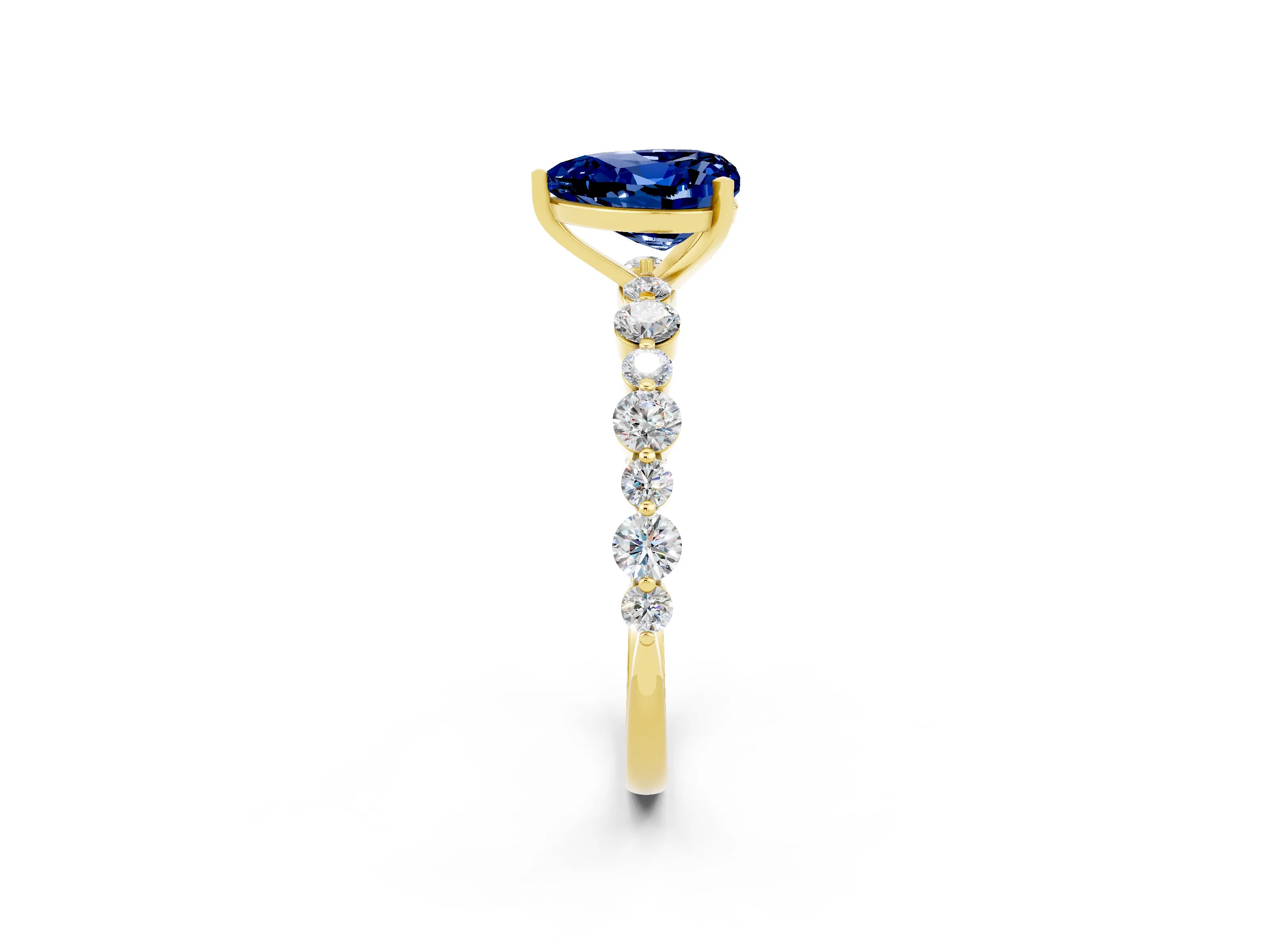 Yellow gold Heart Cut Blue Sapphire Prong Set Engagement Ring with Pavé Band_2