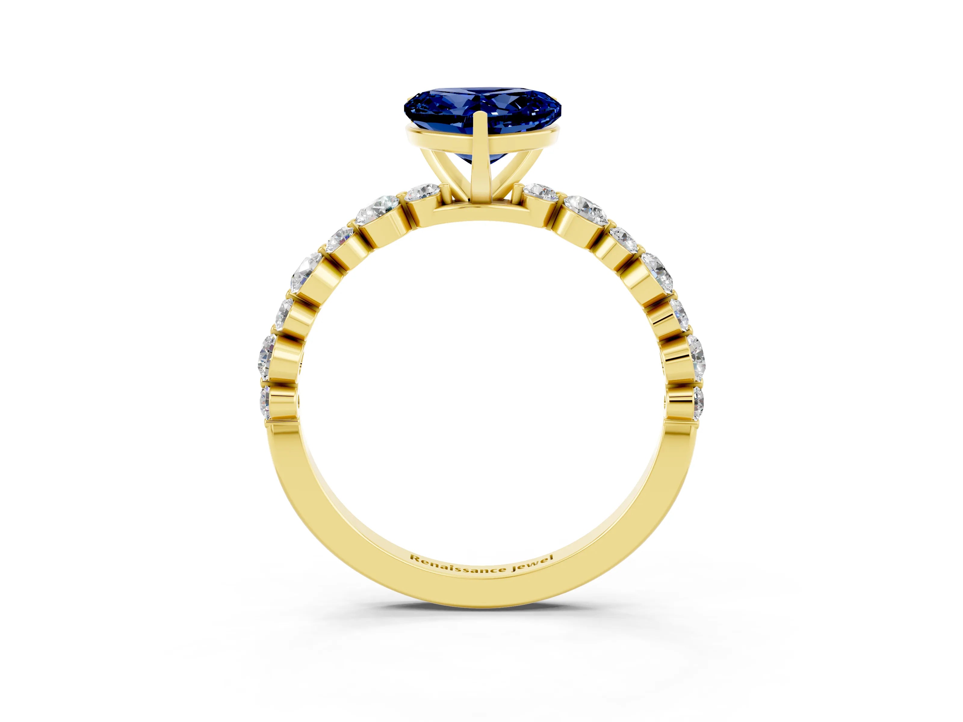 Yellow gold Heart Cut Blue Sapphire Prong Set Engagement Ring with Pavé Band_3